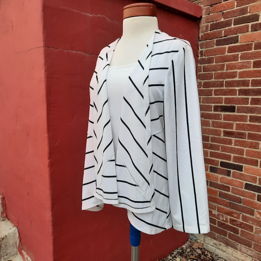 Chico's Striking Stripe Drape-Front Jacket Open Lightweight Cardigan Travel Lrg